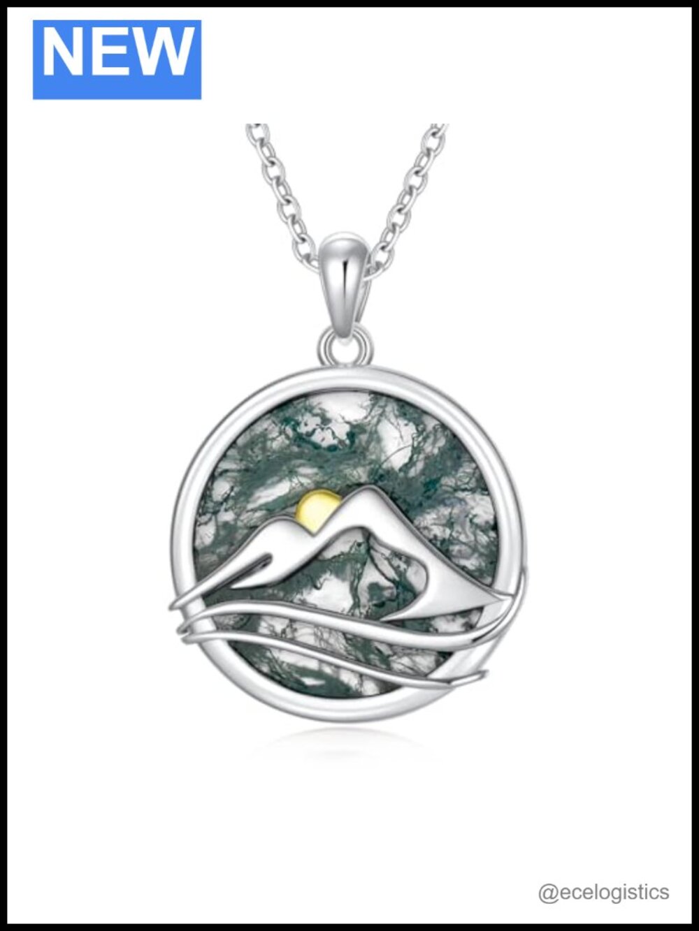Mountain Pendant Necklace 14K White Gold Plated Sterling Silver Moss Agate